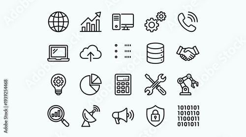 Collection of various business and technology icons on a for design and development