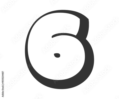 6 six, bubble comic lettering, rounded in graffiti style black and white silhouette. Trendy preschool number for festival party, personal initials, children funky print and web.