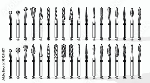 Collection of various dental burs for medical and surgical procedures