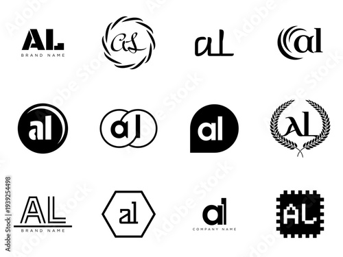 AL logo company template. Letter a and l logotype. Set different classic serif lettering and modern bold text with design elements. Initial font typography.