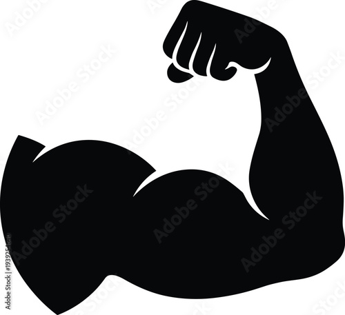 A black silhouette of a flexed arm showing a bicep