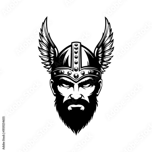 Logo vikingo nórdico. Icono con guerrero nórdico con casco bárbaro con alas de ave