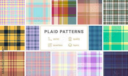 Retro plaid pattern set featuring timeless tartan geometry. Seamless vector designs suitable for apparel, fabric prints, notebooks, packaging, web backgrounds, and creative commercial projects.