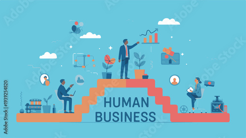 Human side of business concept illustration showcasing people interacting with business elements in a stylized environment from an elevated viewpoint