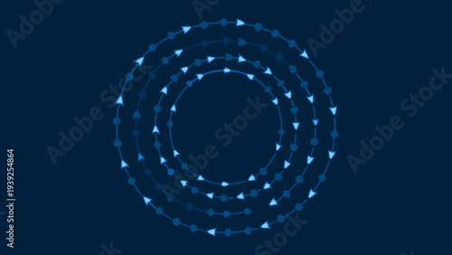 Glowing directional arrows in spiral arrangement on dark blue background conveying motion and direction