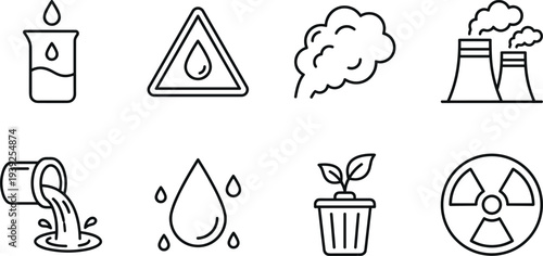 A set of eight icons related to environmental pollution and conservation
