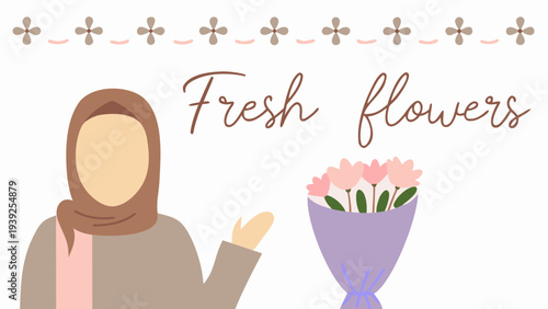 Woman wearing a simple hijab presenting a bouquet of fresh flowers with pink petals and green leaves on white background