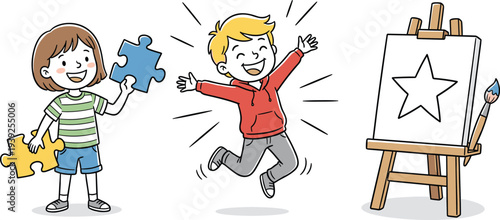 Two happy children playing with puzzle pieces and painting on an easel with a star