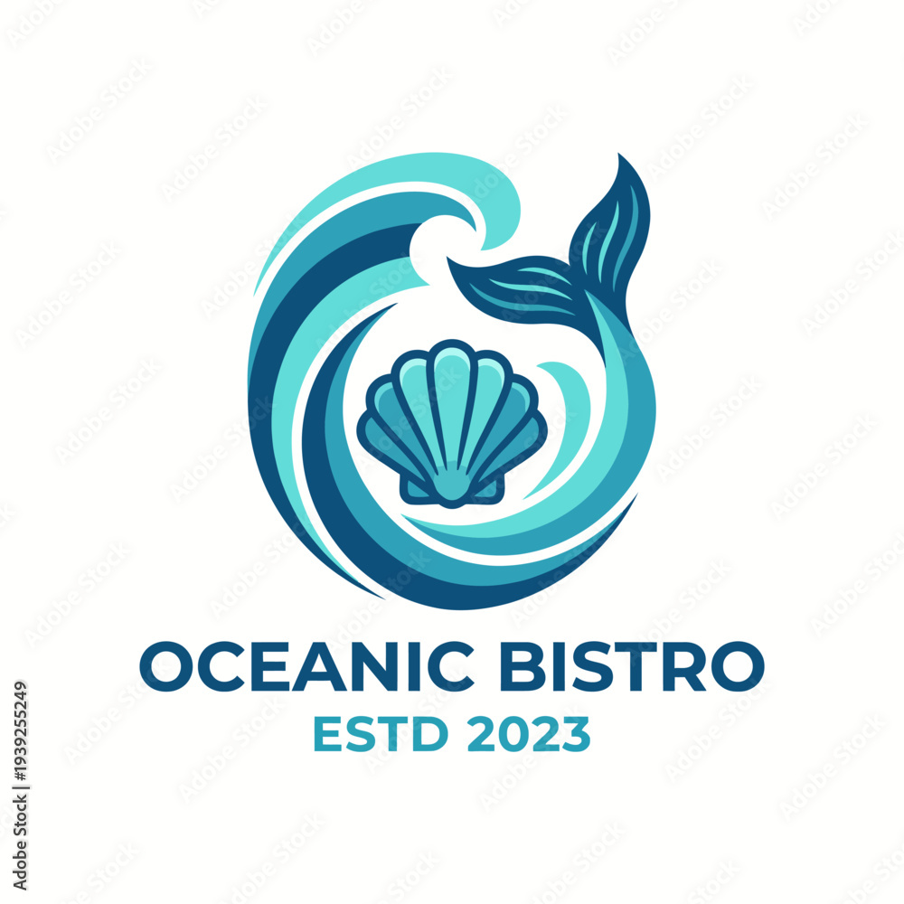 Fototapeta premium The Oceanic Bistro logo beautifully integrates ocean waves and a shell, capturing a maritime theme with an elegant and fresh style, perfect for a seafood dining experience.