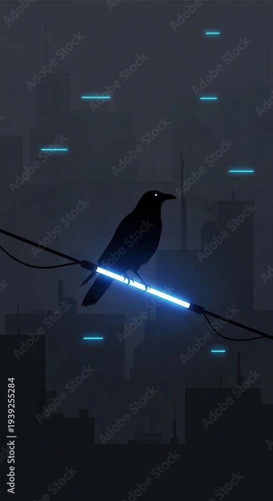 Fototapeta premium Silhouetted corvid perches upon a glowing neon tube against a dark metropolitan skyline