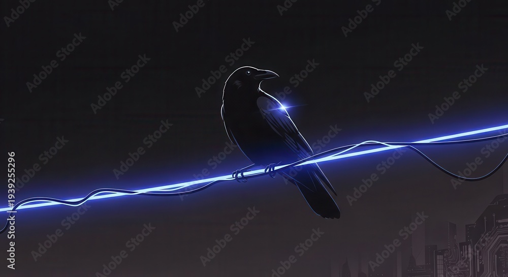 Fototapeta premium Silhouette of a dark bird perched upon an energized glowing cable against a dim cityscape backdrop