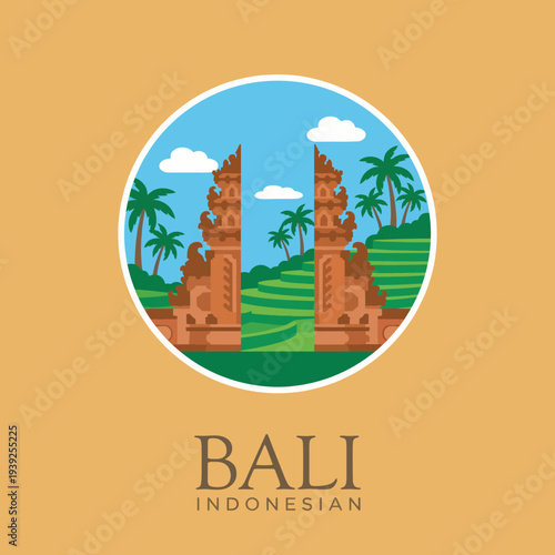 A beautiful logo design showcasing Bali's iconic landscapes, including temples and palm trees, inviting viewers to experience the culture and serenity of this tropical paradise.