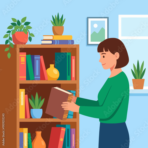 An illustration of a woman arranging books on a shelf in a cozy indoor setting, reflecting a love for reading, organization, and home aesthetics that is both inviting and warm.