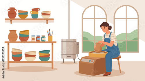 A serene scene of a pottery artist working on a wheel embodies creativity and craftsmanship, set in a bright studio filled with pottery and art supplies.