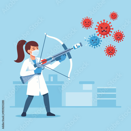 A determined scientist in a lab coat aims a bow to shoot at virus particles, illustrating the fight against disease and the importance of scientific research in healthcare.