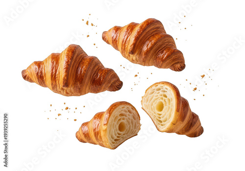 Delicious golden brown croissants with crumbs isolated on transparent background