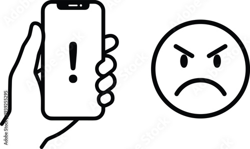 A hand holding a smartphone with an exclamation mark on the screen next to an angry emoticon face