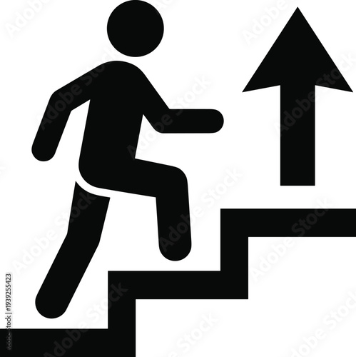 A black silhouette of a person running up stairs with an arrow pointing upwards