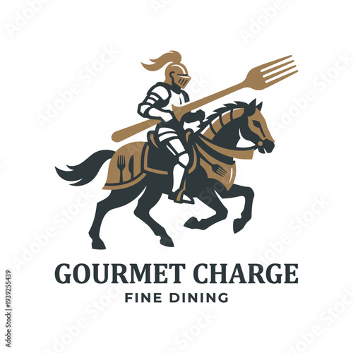 An adventurous logo illustration of a knight riding a horse while holding a giant fork, creatively representing fine dining and culinary quests.