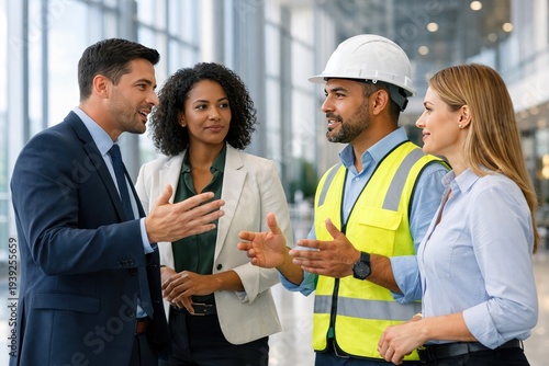 Diverse business professionals and construction worker discussing project in modern office building, showcasing teamwork and collaboration in a corporate environment.