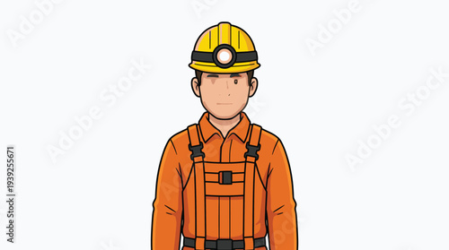 A cartoon illustration of a construction worker wearing an orange jumpsuit and a yellow hard hat with a headlamp