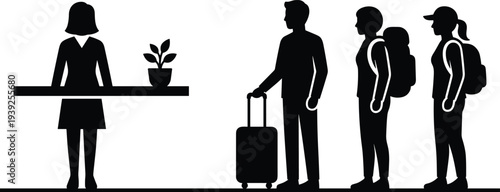 Silhouette of people waiting in line at a reception desk with a potted plant on it