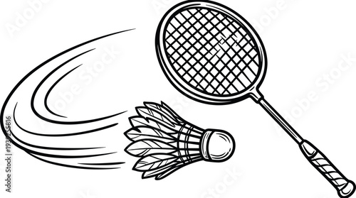 Black and white illustration of a shuttlecock in motion hit by badminton racket