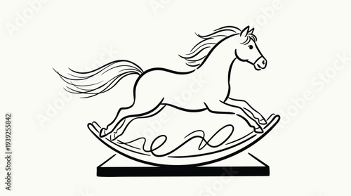 A black and white illustration of a horse rocking on a rocking horse toy