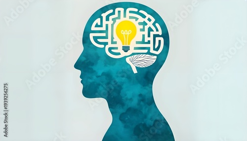 Conceptual Human Profile Silhouette with Maze Brain and Glowing Lightbulb - Abstract Mental Health, Creativity, and Innovation Background Overlay