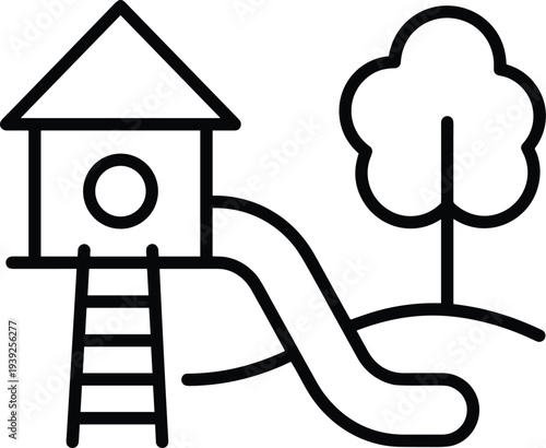 A simple line drawing of a treehouse with a slide and tree