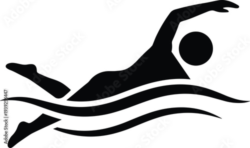 Black silhouette of a person swimming in a dynamic pose with waves
