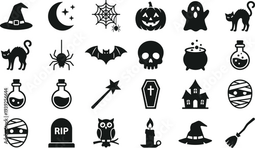 Black halloween icons and symbols on for decoration and design