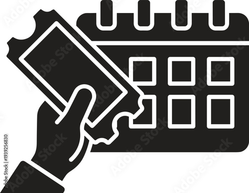 Black and white illustration of a hand holding a ticket in front of a calendar