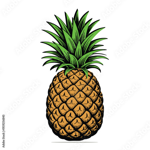 Vibrant pineapple illustration with green leaves on white background