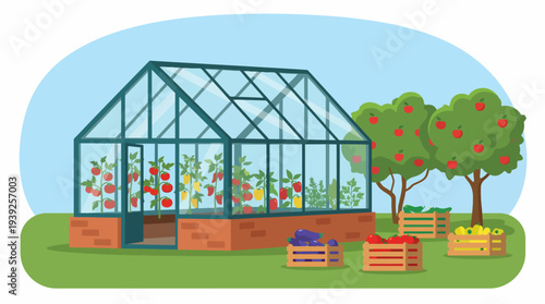 A visually appealing image of a greenhouse filled with thriving plants, encapsulating the essence of nurturing nature, growth, and sustainable agriculture in a cheerful setting.