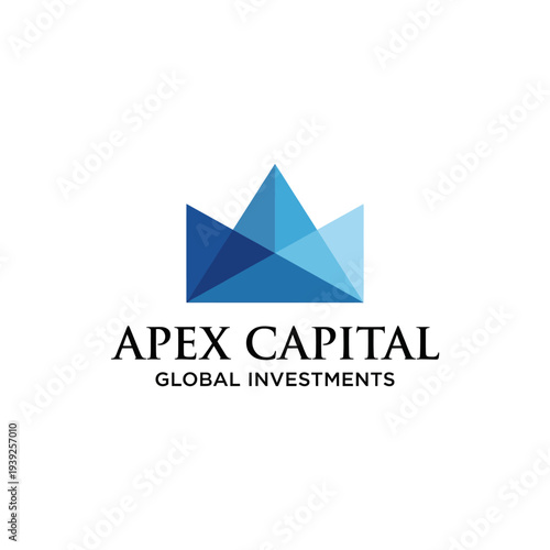 A modern, geometric logo design featuring a blue pyramid representing growth and stability, ideal for a financial investment company focusing on global markets.