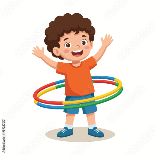 A delightful illustration of a cheerful child happily hula hooping, radiating joy and energy, ideal for children's products, educational materials, or playful branding.