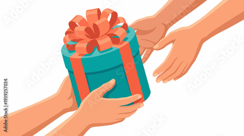 A touching scene of hands exchanging a beautifully wrapped gift with a vibrant bow, representing joy, generosity, and the spirit of giving in various occasions.