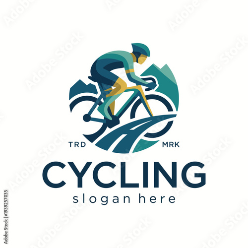 A vibrant logo featuring a cyclist navigating a winding road in a mountainous environment, perfect for biking events, cycling competitions, or sports organizations seeking dynamism.