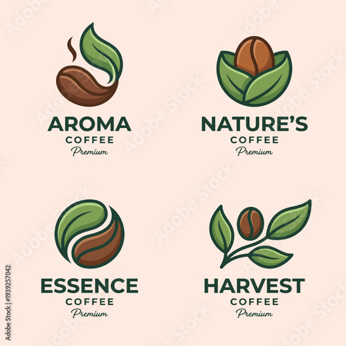 A collection of four distinct coffee brand logos showcasing premium quality, emphasizing the essence of coffee through abstract designs and earthy tones.