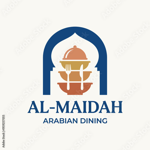An elegant logo depicting Al-Maidah Arabian Dining, featuring traditional utensils within an ornate arch, showcasing the rich culture and delectable flavor profile of Arabic cuisine.