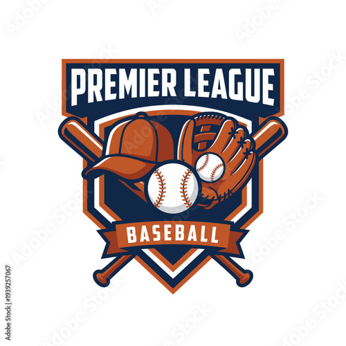 A dynamic logo design representing Premier League Baseball, featuring a baseball, glove, bat, and cap, capturing the essence of America’s favorite pastime.