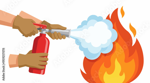 A vital scene illustrating a person using a fire extinguisher to combat flames, showcasing the importance of fire safety awareness and emergency preparedness in crisis situations.