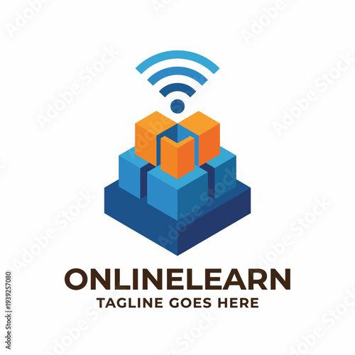 A modern logo design featuring building blocks and wireless signals, representing online learning and innovative educational services perfect for tech-oriented platforms.