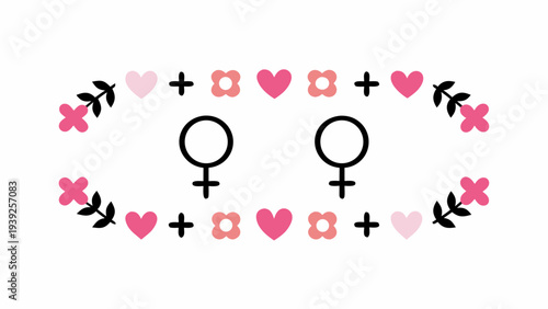Elegant feminine symbols with floral hearts and plus signs on white background