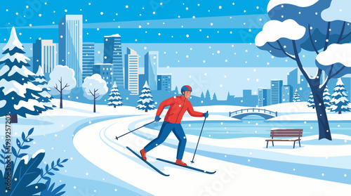 An energetic scene depicting a skier navigating through a snowy landscape with a city backdrop, highlighting the thrill of winter sports in urban environments.