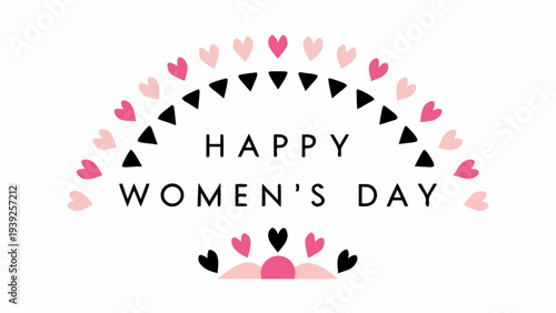 Happy women's day greeting with pastel hearts and flags on white background for celebration