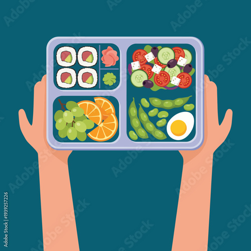 An aesthetically pleasing lunch box filled with fresh ingredients like sushi, salad, and fruits, promoting healthy eating and balanced meals for a nutritious lifestyle.