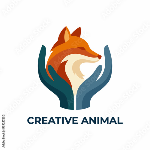 An artistic representation of a fox's head held gently by human hands, symbolizing companionship between humans and nature in a creative and modern style.