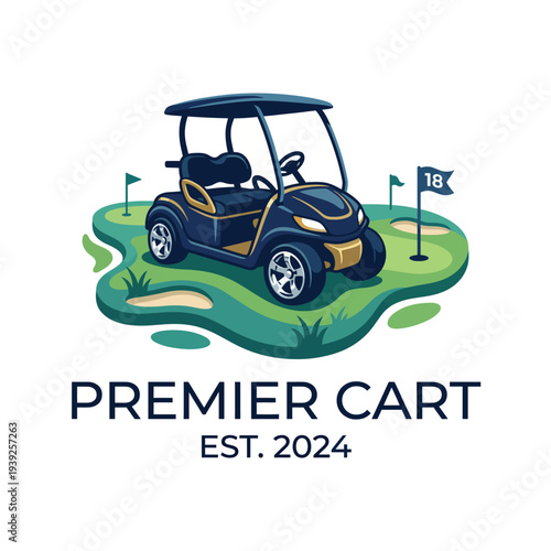 A modern golf cart parked on a lush green golf course, with flags on the 18th hole, showcasing its style and utility for golf enthusiasts and their recreational activities.